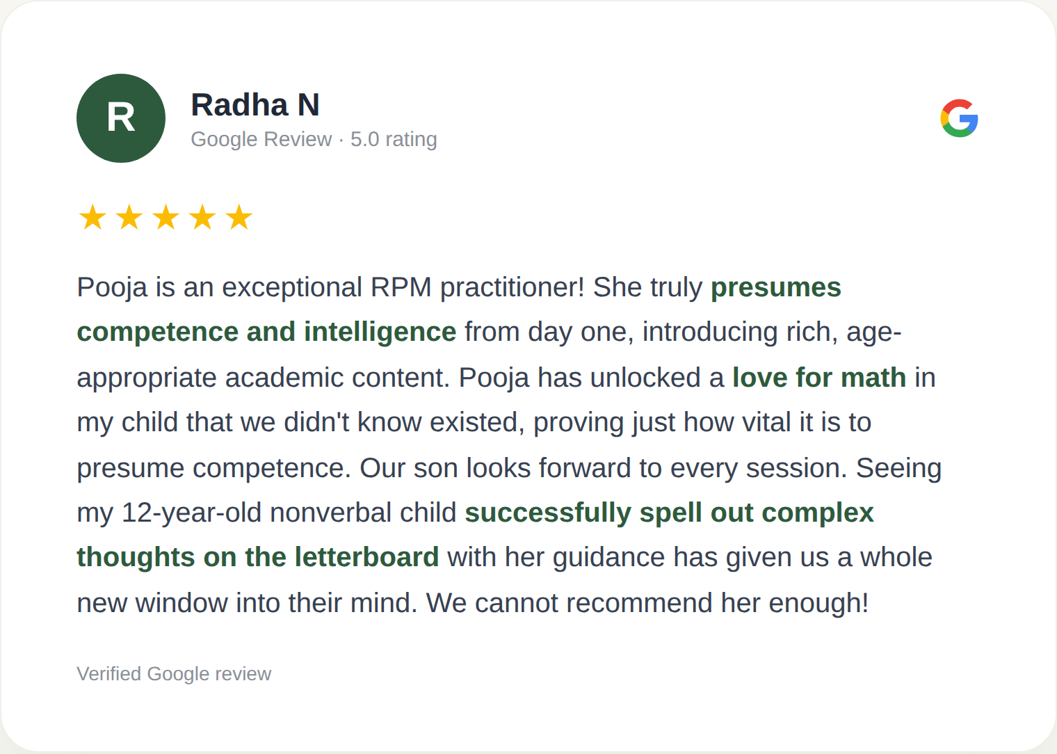 Google review from Radha N